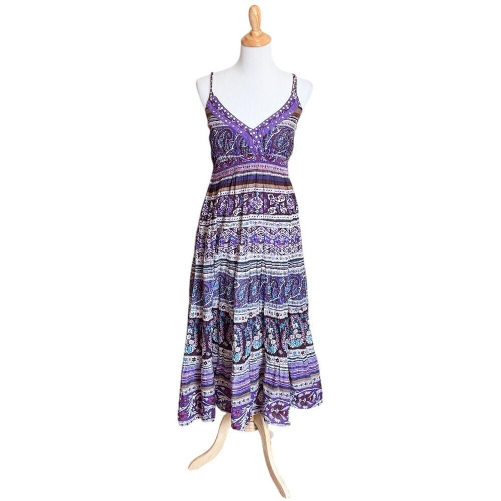 Vintage Y2K Babydoll Midi Dress Boho Purple Patchwork Hippie Festival Beaded